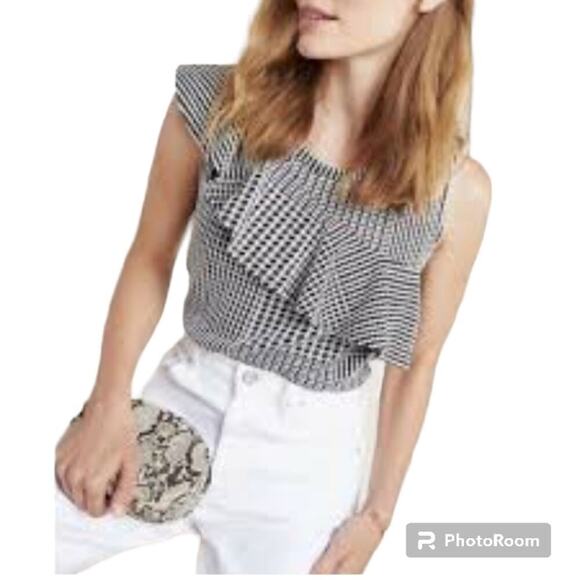 Dolan Anthropologie Callan Ruffled Black and White Houndstooth Top Sz XS - Picture 1 of 11